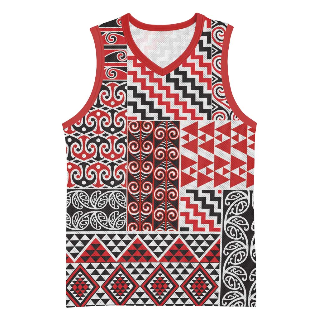 Aotearoa Kowhaiwhai Taniko Patchwork Motifs Basketball Jersey LT9 Unisex Red - Polynesian Pride