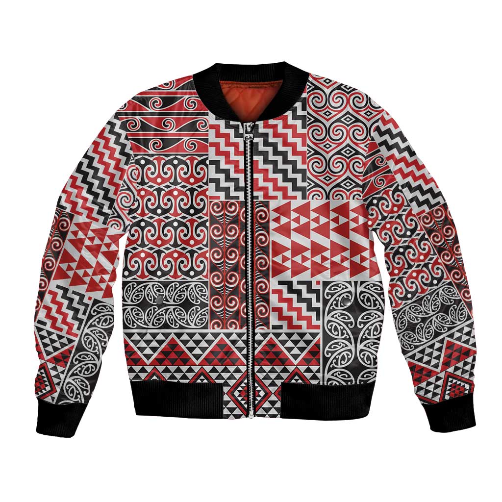 Aotearoa Kowhaiwhai Taniko Patchwork Motifs Bomber Jacket LT9 Unisex Red - Polynesian Pride