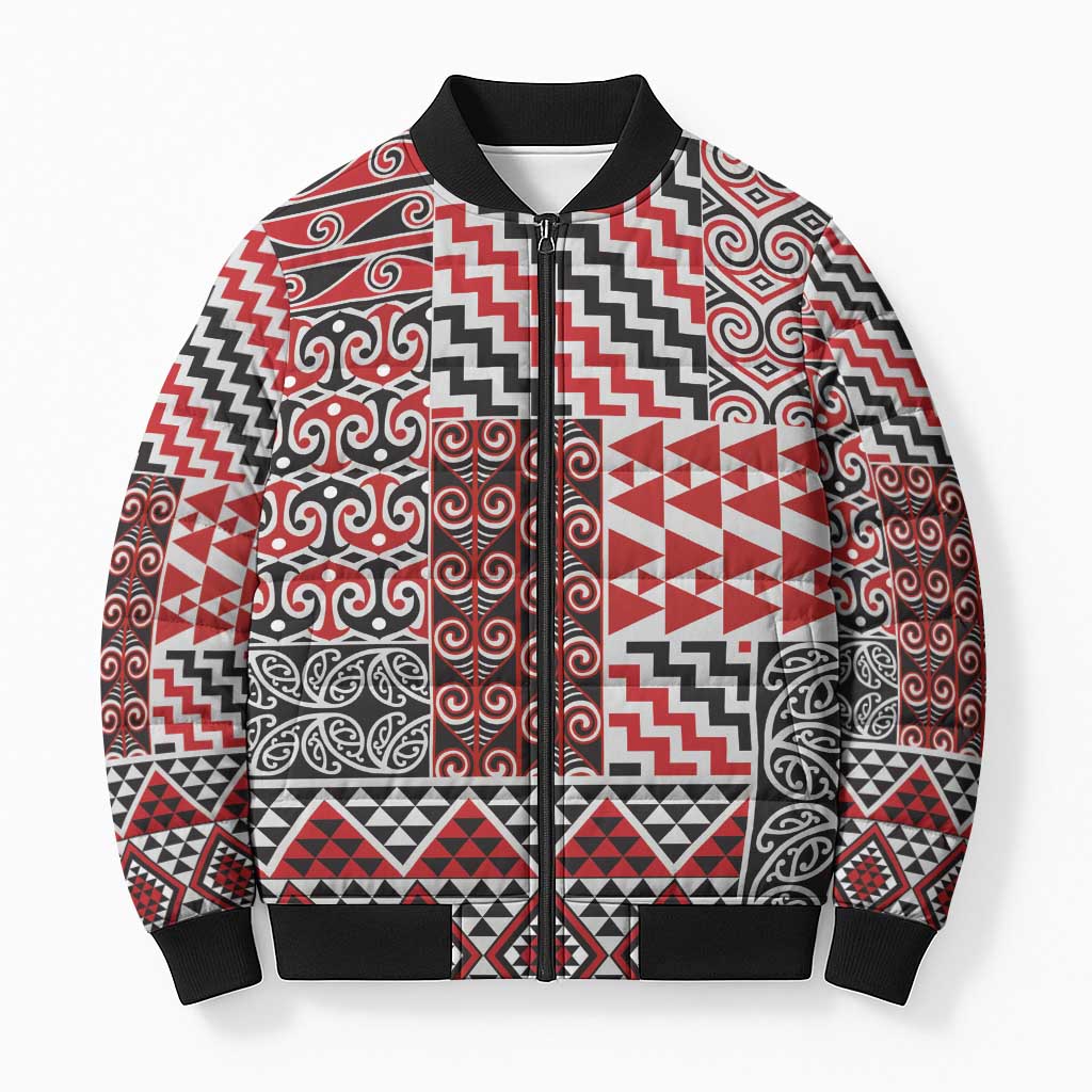 Aotearoa Kowhaiwhai Taniko Patchwork Motifs Bomber Puffer Jacket LT9 Unisex Red - Polynesian Pride