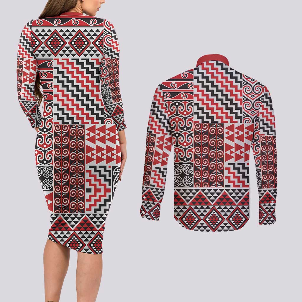 Aotearoa Kowhaiwhai Taniko Patchwork Motifs Couples Matching Long Sleeve Bodycon Dress and Long Sleeve Button Shirt