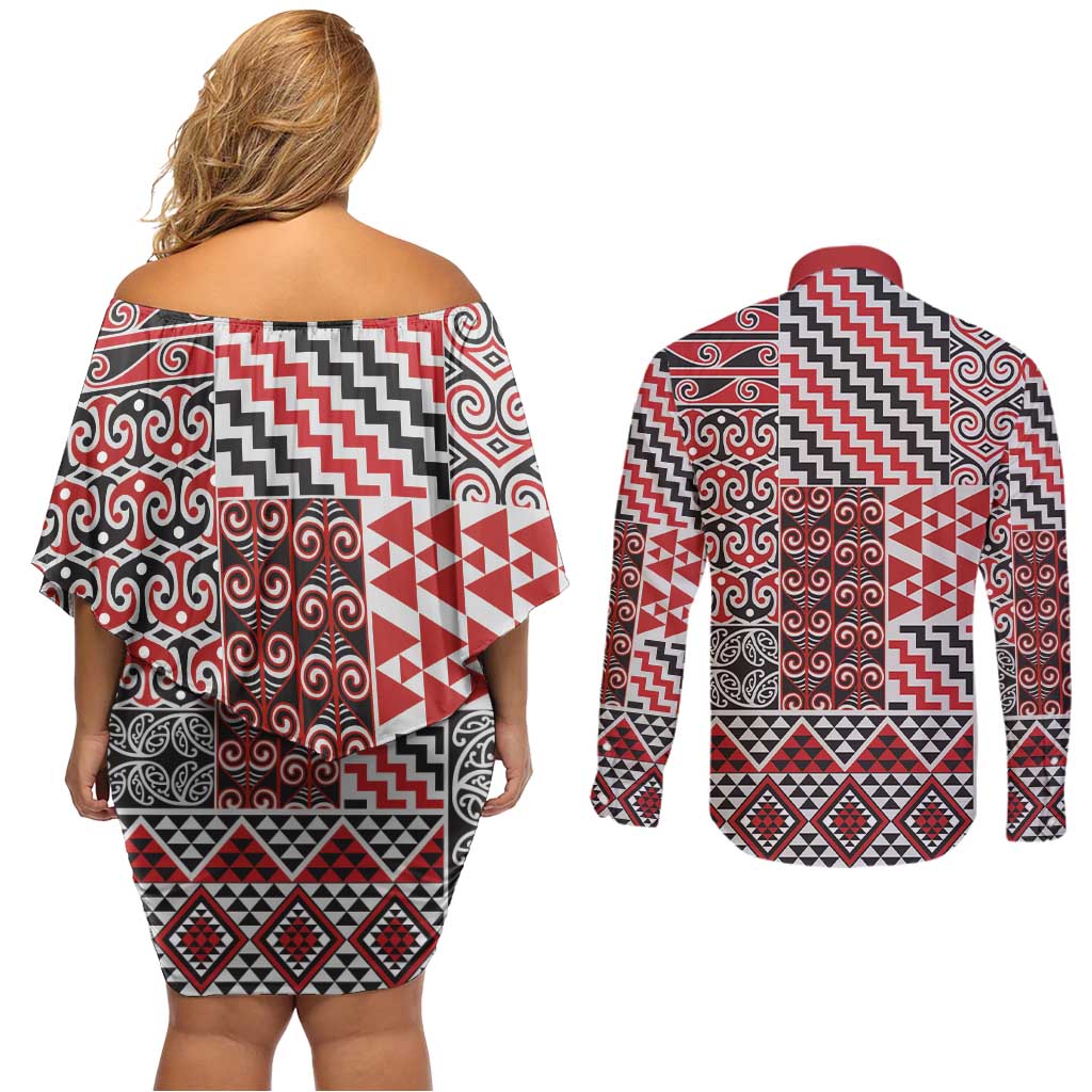 Aotearoa Kowhaiwhai Taniko Patchwork Motifs Couples Matching Off Shoulder Short Dress and Long Sleeve Button Shirt