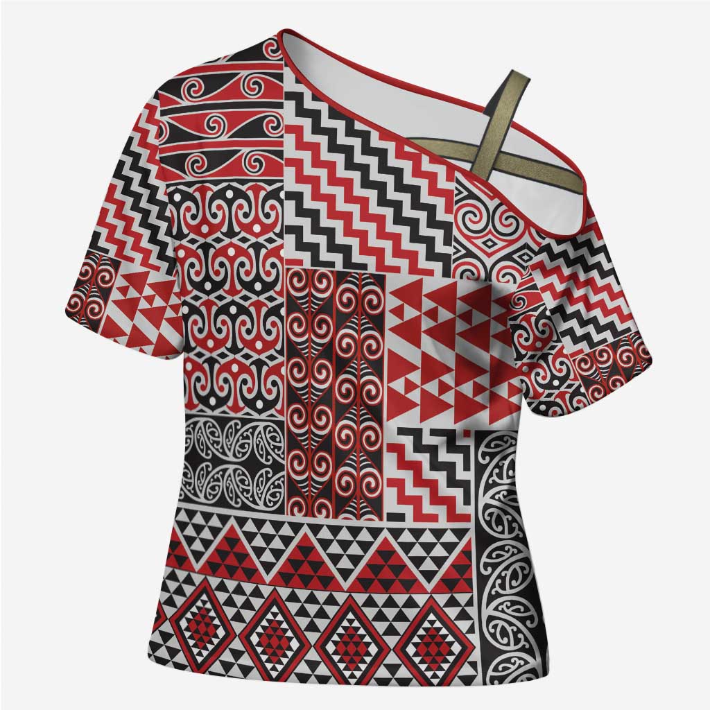 Aotearoa Kowhaiwhai Taniko Patchwork Motifs Cross Shoulder Shirt LT9 Female Red - Polynesian Pride