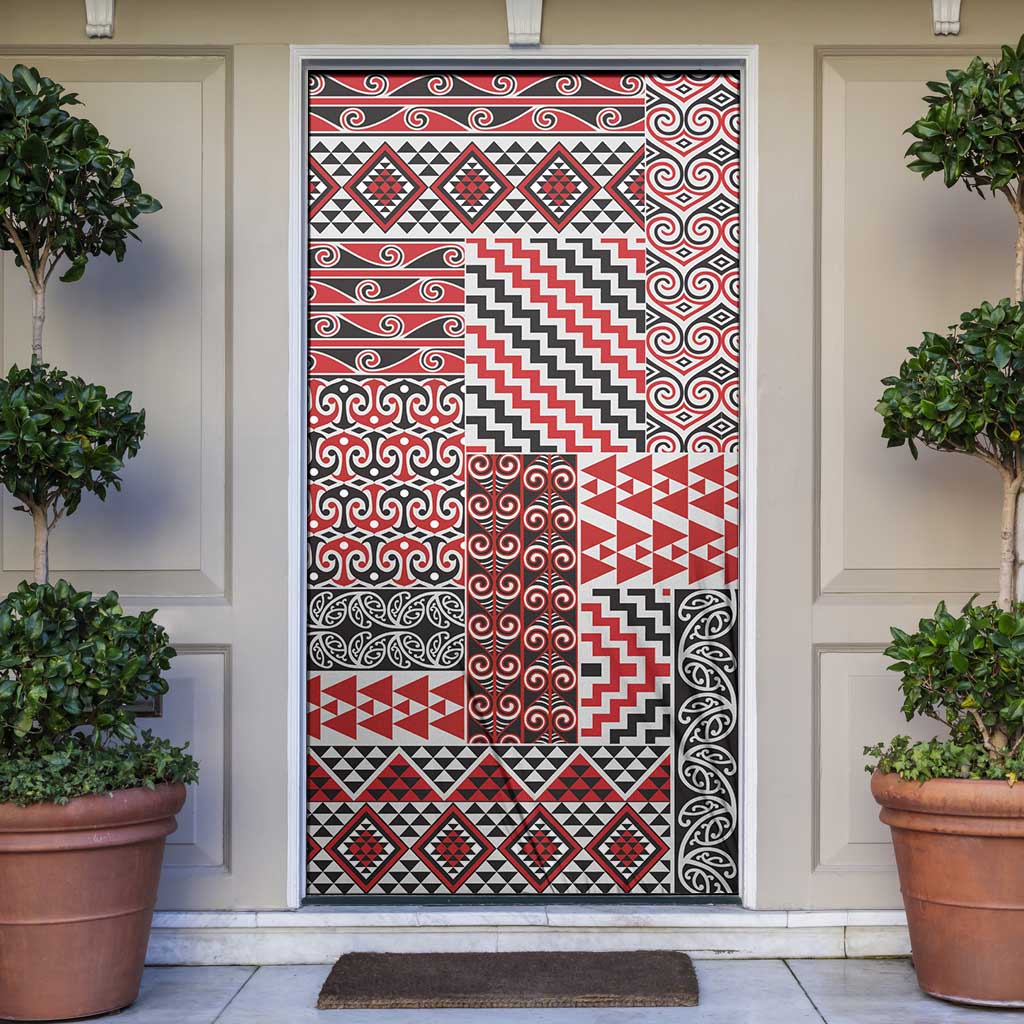 Aotearoa Kowhaiwhai Taniko Patchwork Motifs Door Cover LT9 Red - Polynesian Pride