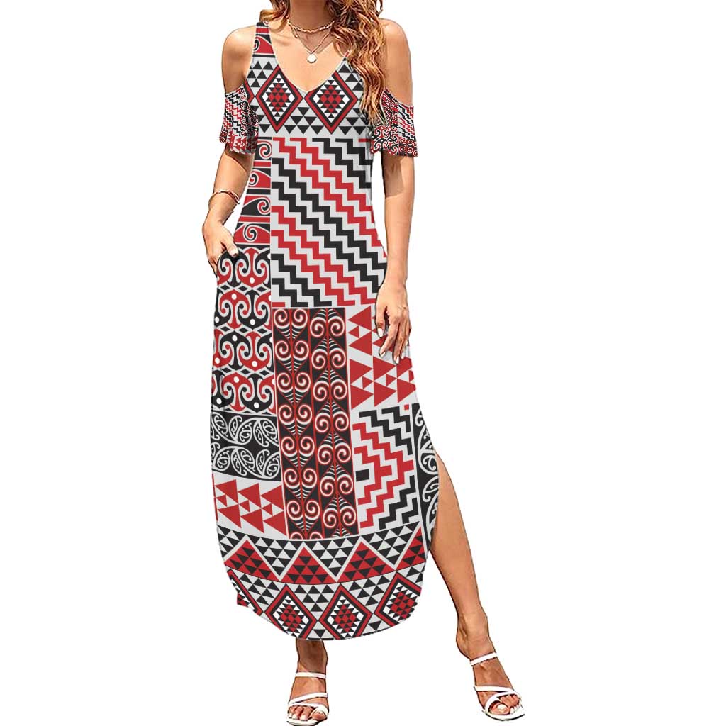 Aotearoa Kowhaiwhai Taniko Patchwork Motifs Family Matching Summer Maxi Dress and Hawaiian Shirt