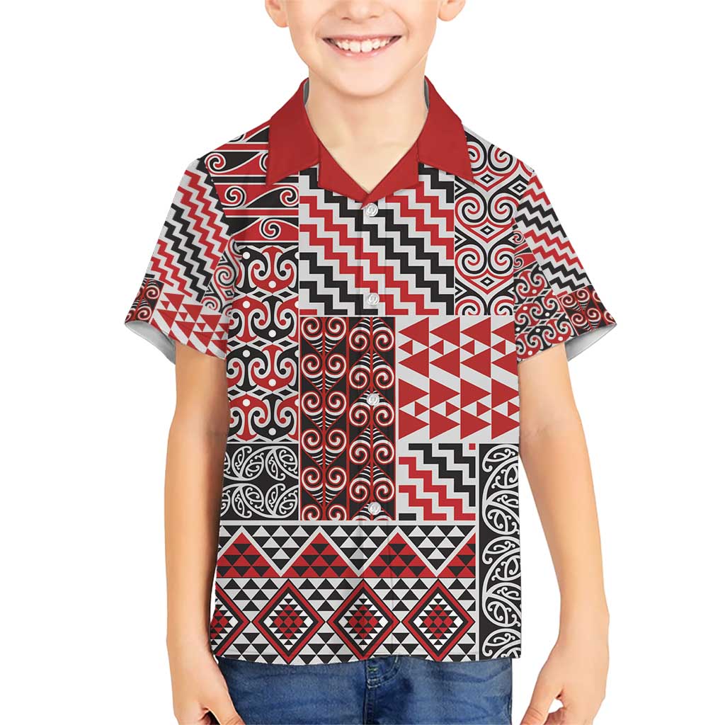 Aotearoa Kowhaiwhai Taniko Patchwork Motifs Kid Hawaiian Shirt LT9 Kid Red - Polynesian Pride