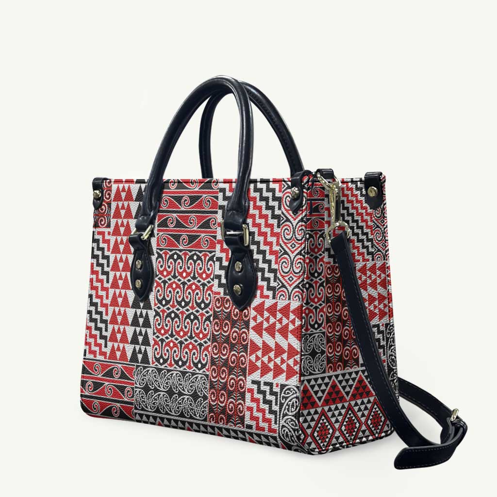 Aotearoa Kowhaiwhai Taniko Patchwork Motifs Leather Bag LT9 Red - Polynesian Pride