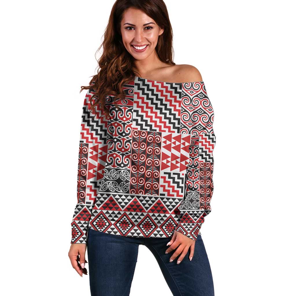 Aotearoa Kowhaiwhai Taniko Patchwork Motifs Off Shoulder Sweater LT9 Women Red - Polynesian Pride