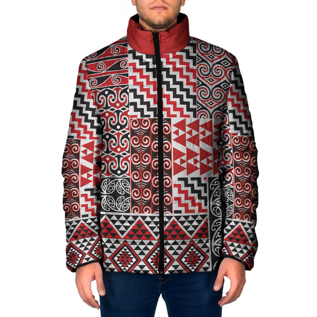 Aotearoa Kowhaiwhai Taniko Patchwork Motifs Padded Jacket LT9 Men Red - Polynesian Pride