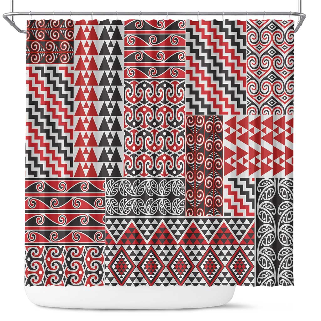 Aotearoa Kowhaiwhai Taniko Patchwork Motifs Shower Curtain LT9 Red - Polynesian Pride