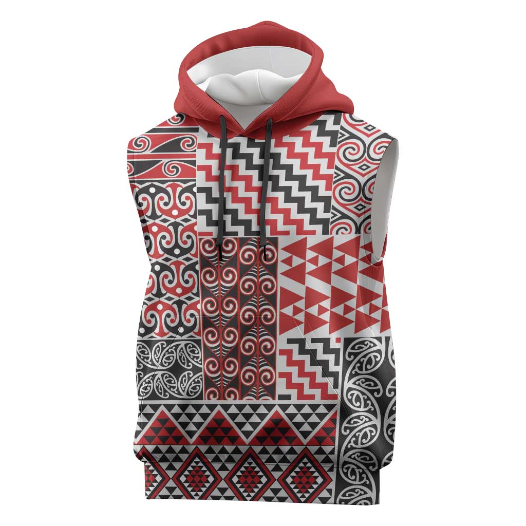 Aotearoa Kowhaiwhai Taniko Patchwork Motifs Sleeveless Hoodie LT9 Red - Polynesian Pride