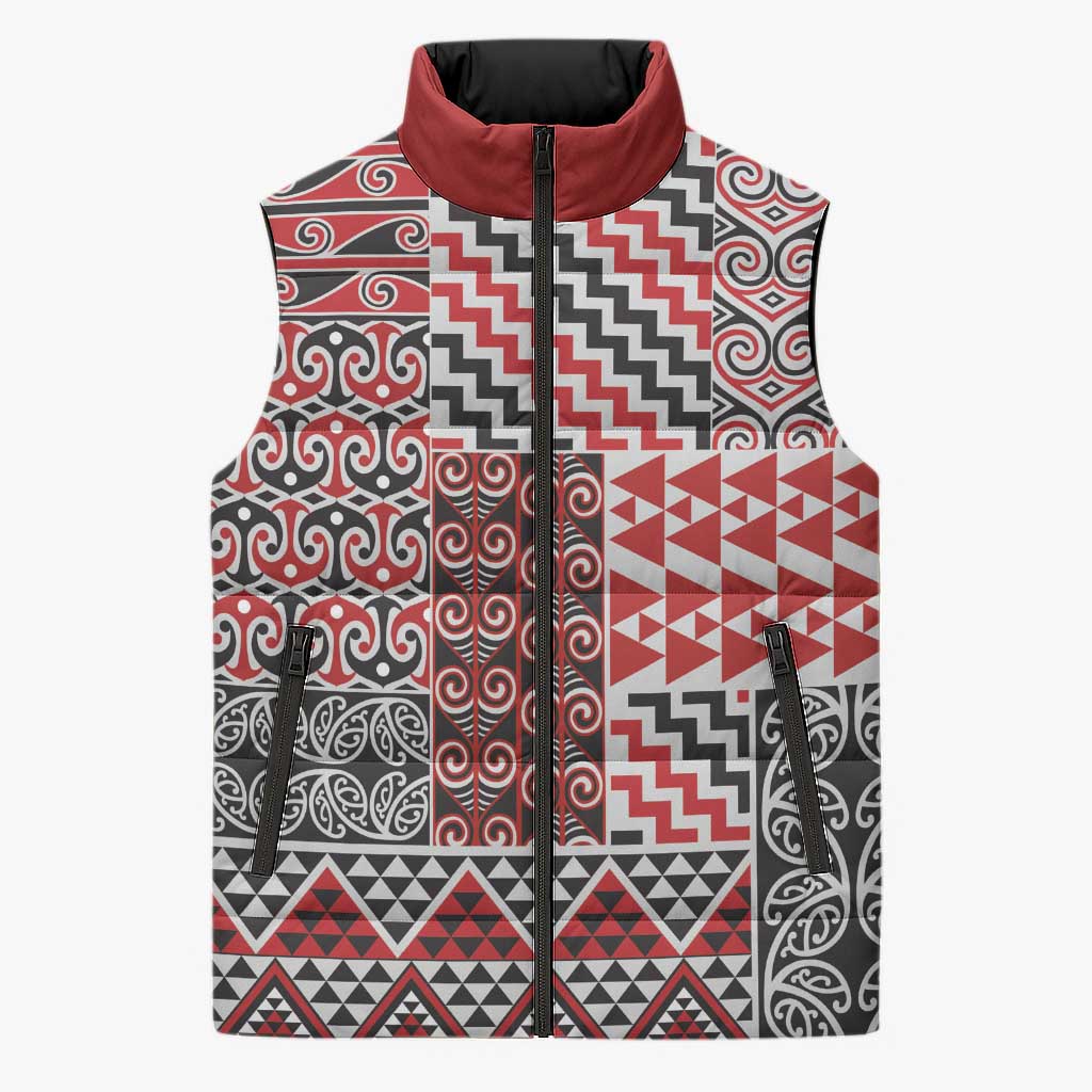 Aotearoa Kowhaiwhai Taniko Patchwork Motifs Sleeveless Puffer Jacket LT9 Unisex Red - Polynesian Pride
