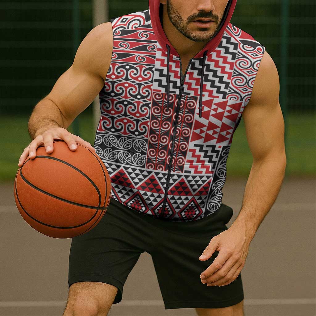 Aotearoa Kowhaiwhai Taniko Patchwork Motifs Sleeveless Zip Hoodie LT9
