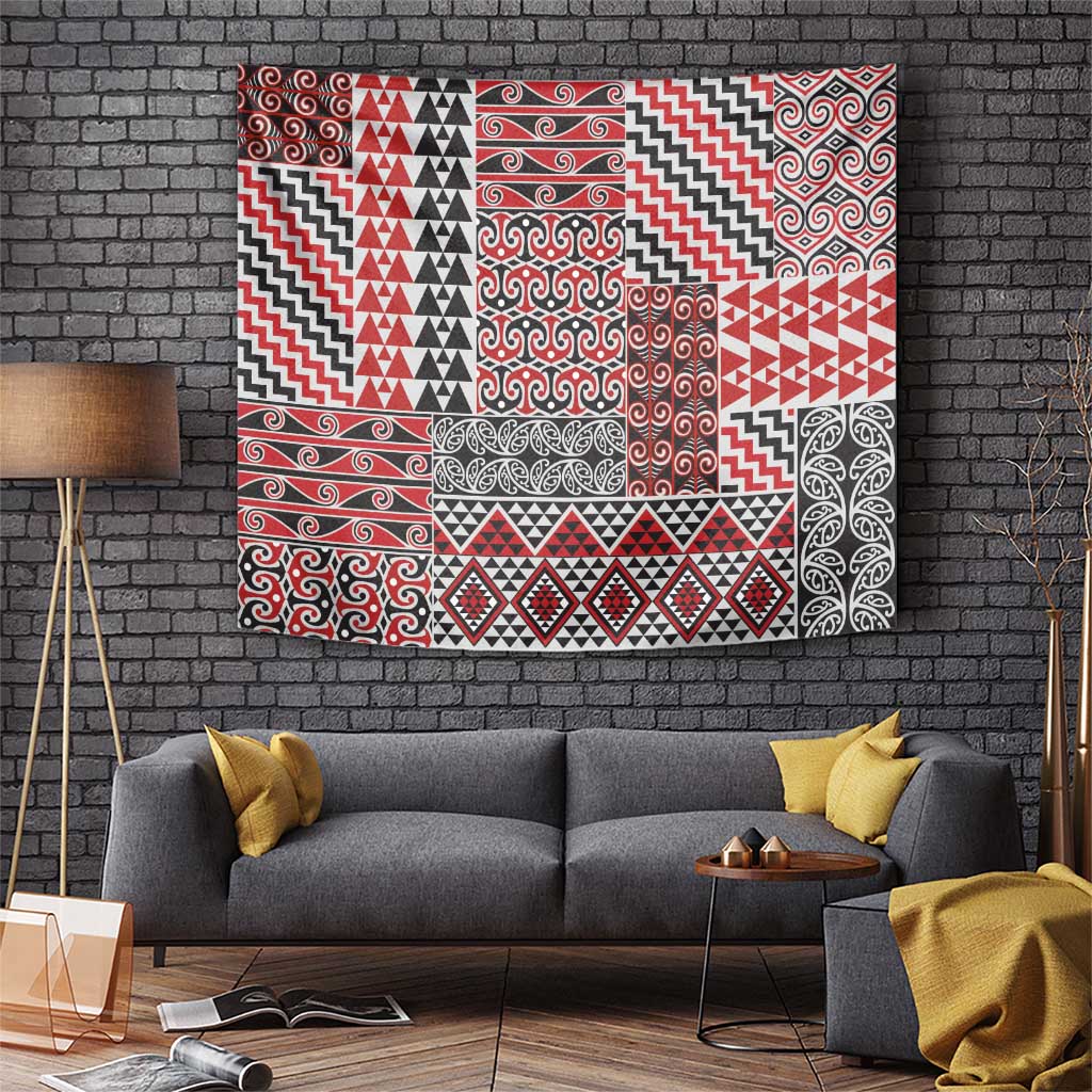 Aotearoa Kowhaiwhai Taniko Patchwork Motifs Tapestry LT9 Red - Polynesian Pride