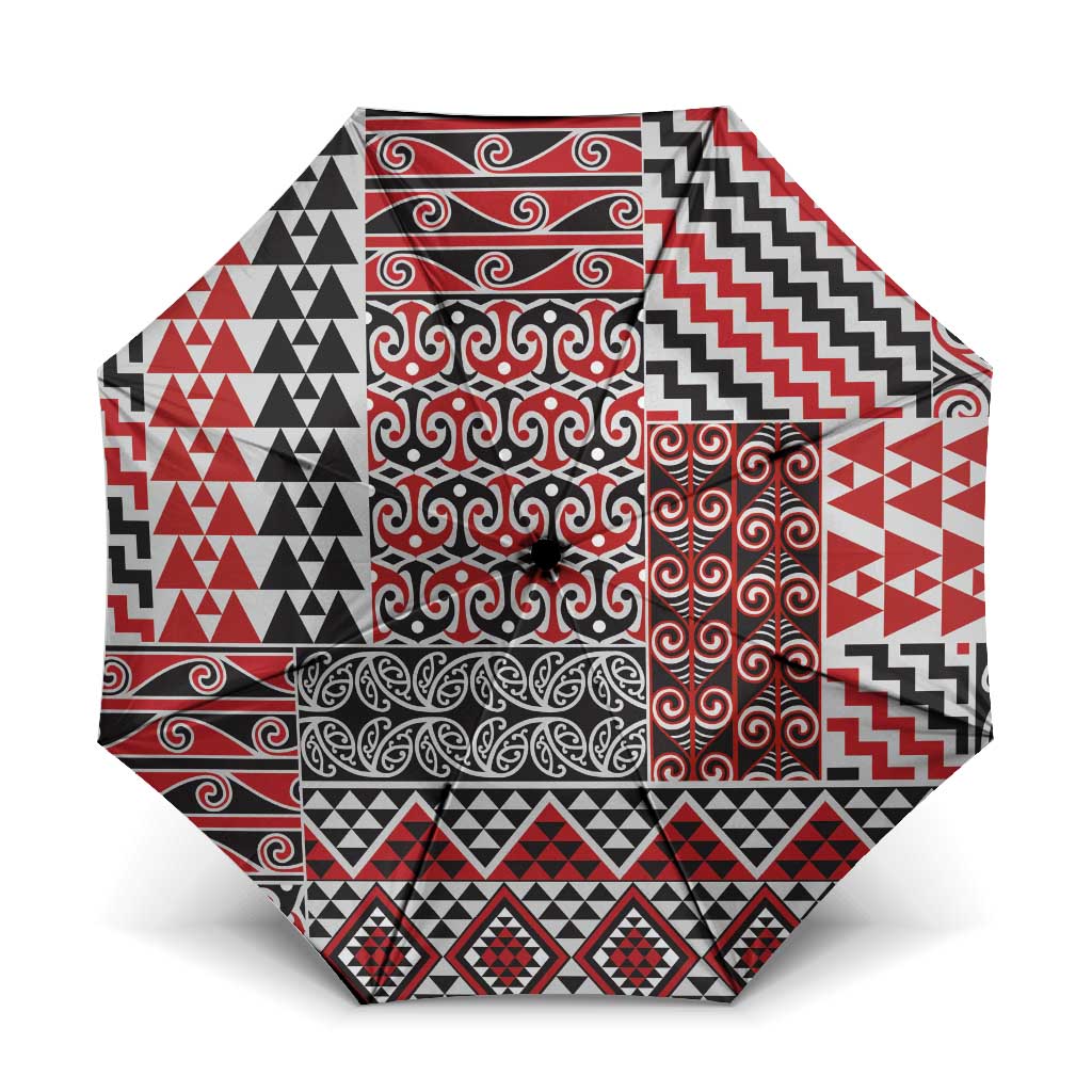Aotearoa Kowhaiwhai Taniko Patchwork Motifs Umbrella LT9 One Size Folded 11.42 inch Opened Diameter 37.4 inch Red - Polynesian Pride