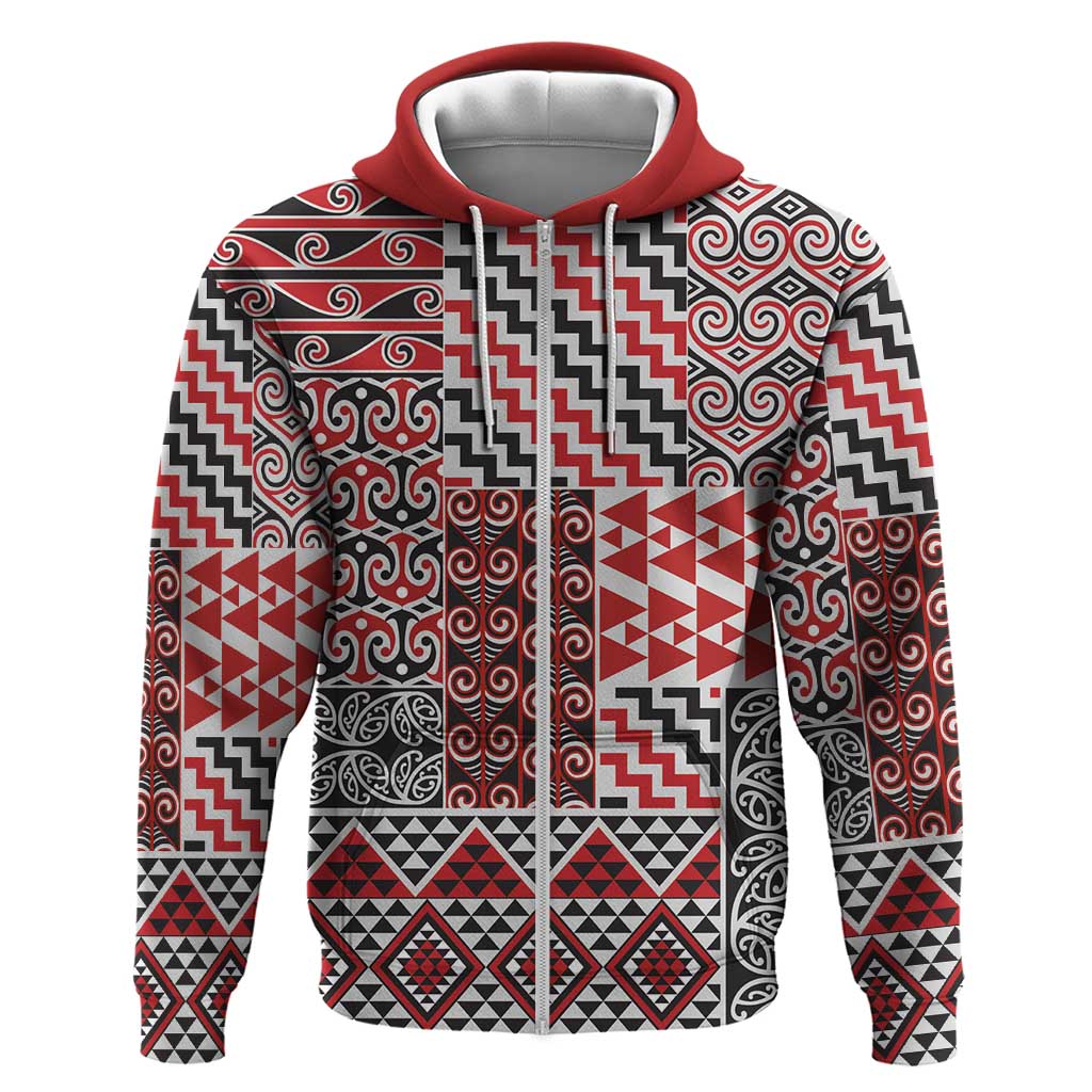 Aotearoa Kowhaiwhai Taniko Patchwork Motifs Zip Hoodie LT9 Zip Hoodie Red - Polynesian Pride