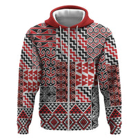 Aotearoa Kowhaiwhai Taniko Patchwork Motifs Zip Hoodie LT9 Zip Hoodie Red - Polynesian Pride