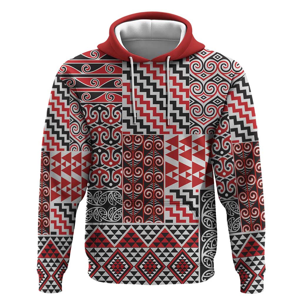 Aotearoa Kowhaiwhai Taniko Patchwork Motifs Zip Hoodie LT9 Pullover Hoodie Red - Polynesian Pride