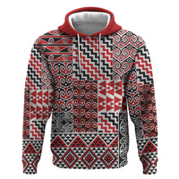 Aotearoa Kowhaiwhai Taniko Patchwork Motifs Zip Hoodie LT9 Pullover Hoodie Red - Polynesian Pride