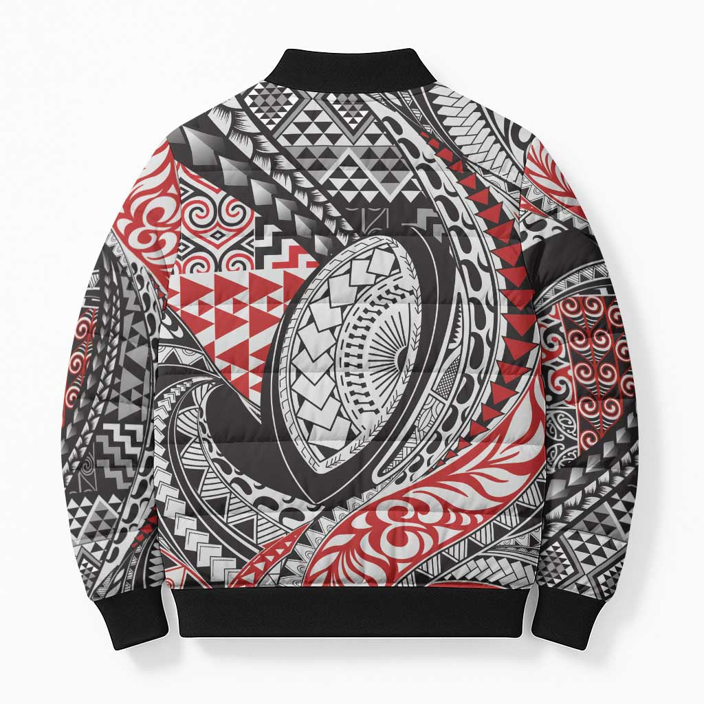 Aotearoa Maori Rugby Tribal Tattoo Bomber Puffer Jacket Kowhaiwhai Taniko Patchwork Motifs - Polynesian Pride