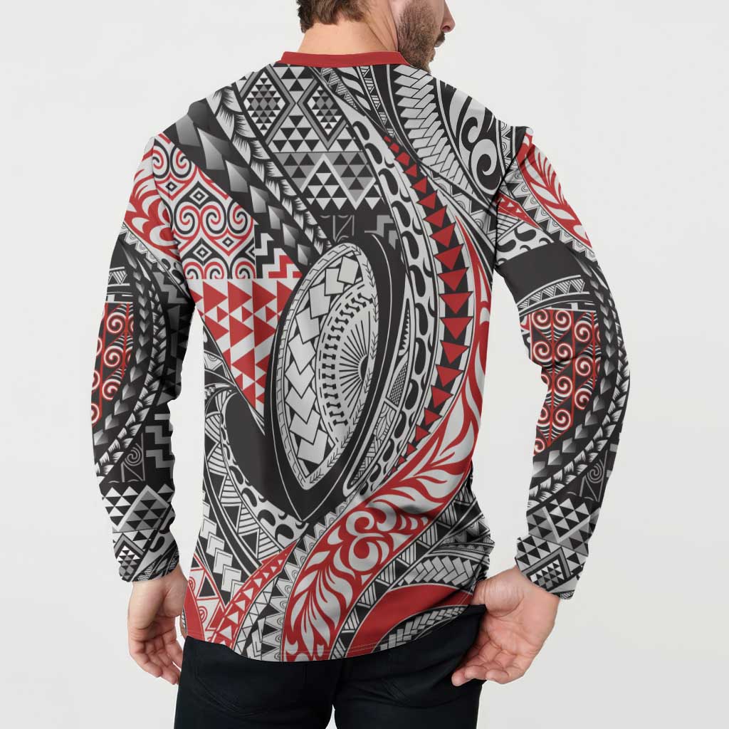 Aotearoa Maori Rugby Tribal Tattoo Button Sweatshirt Kowhaiwhai Taniko Patchwork Motifs