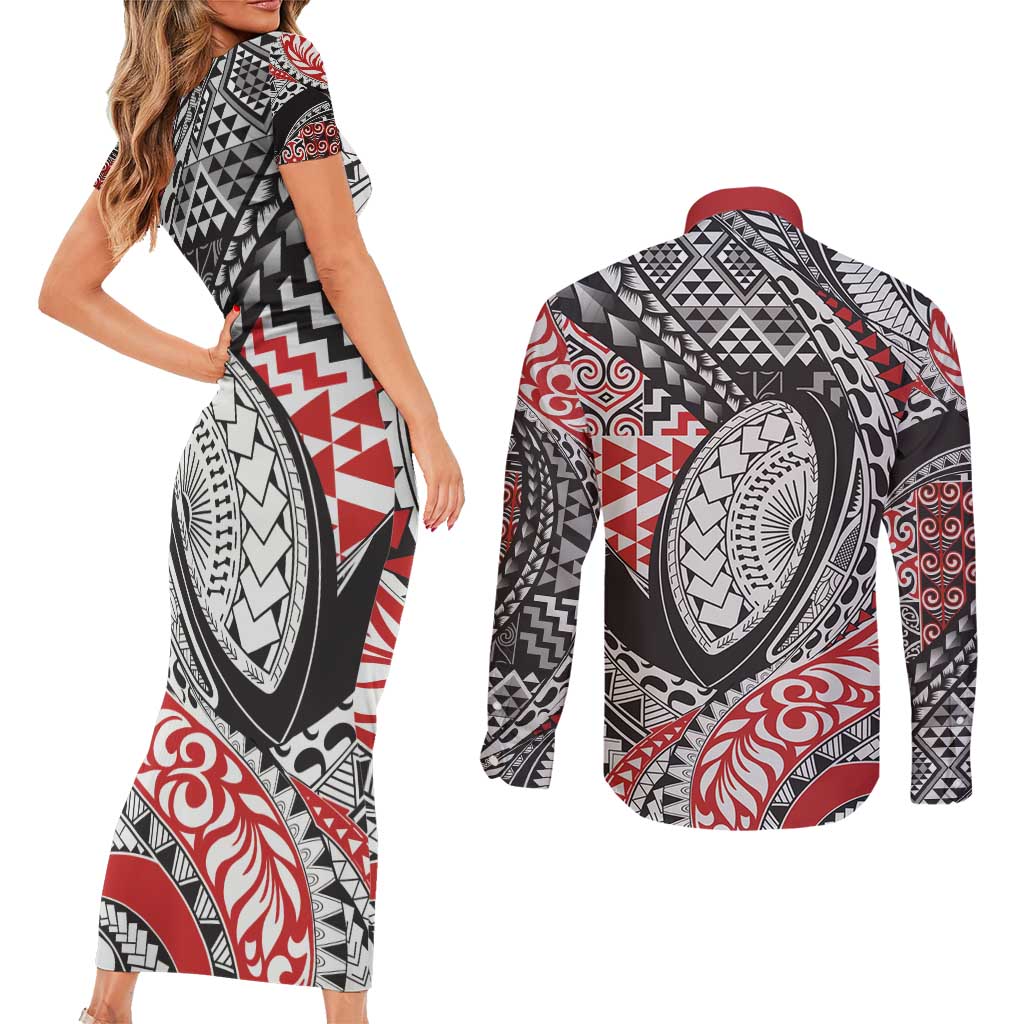 Aotearoa Maori Rugby Tribal Tattoo Couples Matching Short Sleeve Bodycon Dress and Long Sleeve Button Shirt Kowhaiwhai Taniko Patchwork Motifs