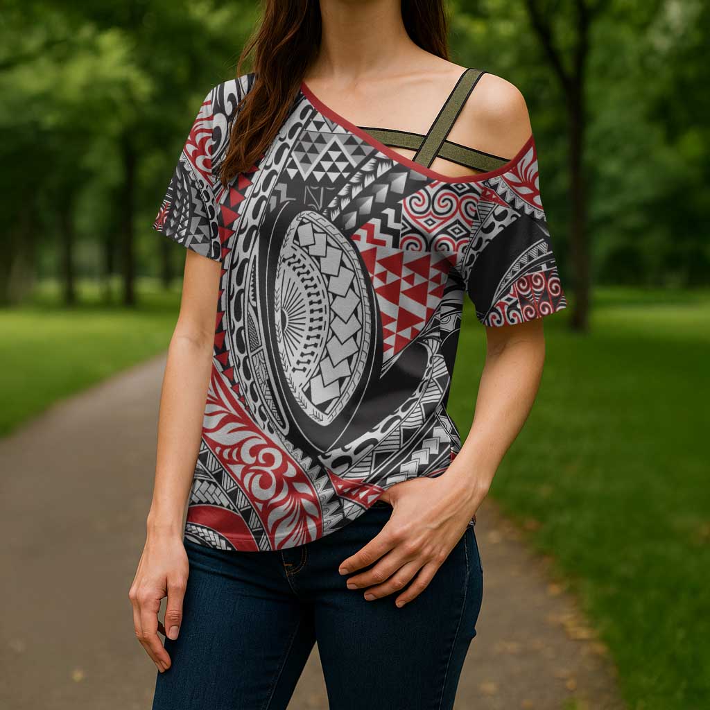 Aotearoa Maori Rugby Tribal Tattoo Cross Shoulder Shirt Kowhaiwhai Taniko Patchwork Motifs - Polynesian Pride