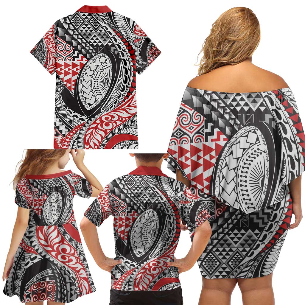 Aotearoa Maori Rugby Tribal Tattoo Family Matching Off Shoulder Short Dress and Hawaiian Shirt Kowhaiwhai Taniko Patchwork Motifs