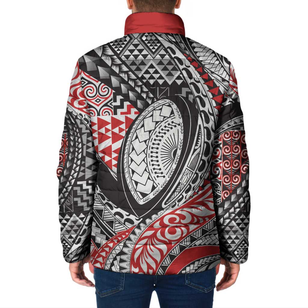 Aotearoa Maori Rugby Tribal Tattoo Padded Jacket Kowhaiwhai Taniko Patchwork Motifs - Polynesian Pride