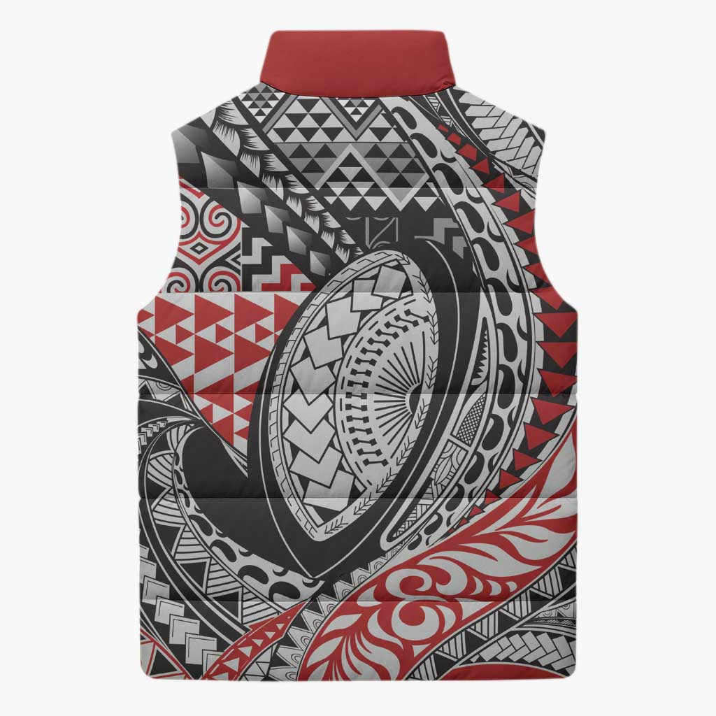 Aotearoa Maori Rugby Tribal Tattoo Sleeveless Puffer Jacket Kowhaiwhai Taniko Patchwork Motifs - Polynesian Pride