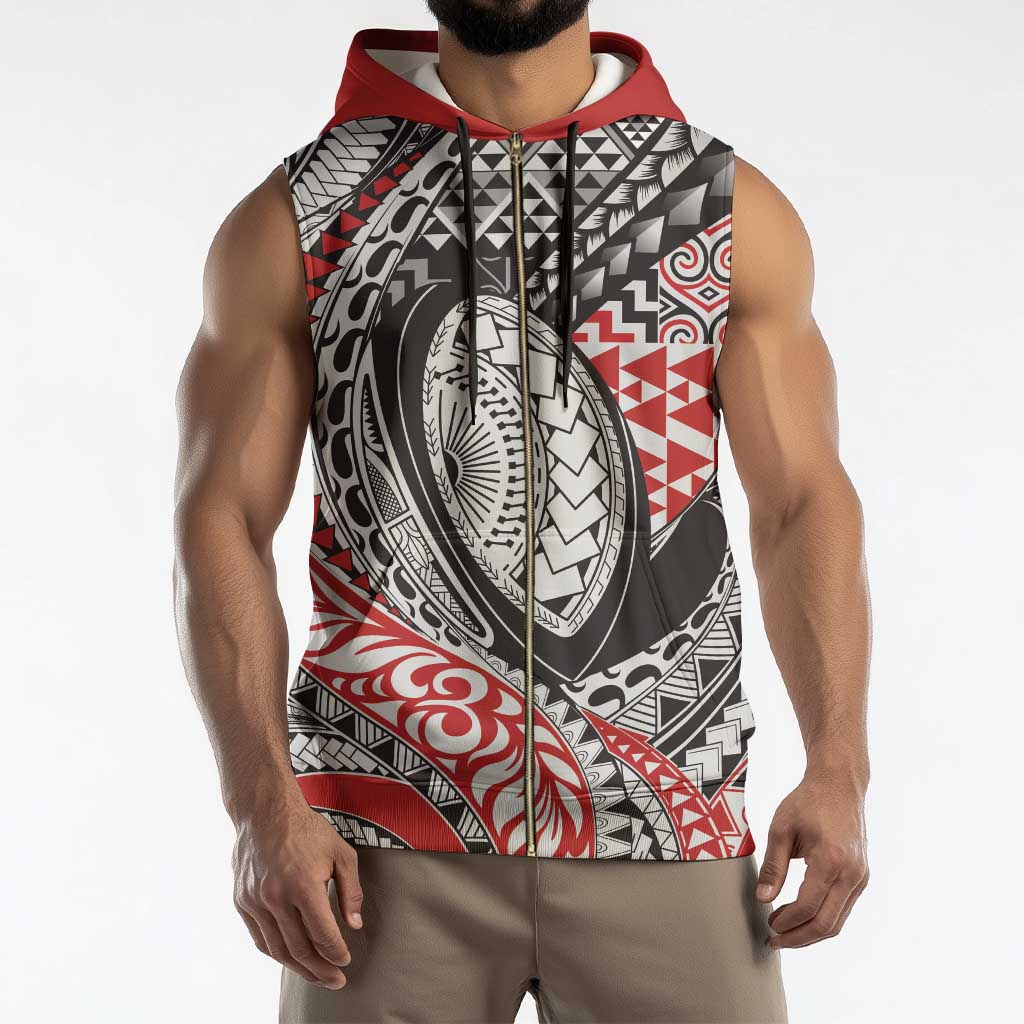 Aotearoa Maori Rugby Tribal Tattoo Sleeveless Zip Hoodie Kowhaiwhai Taniko Patchwork Motifs - Polynesian Pride