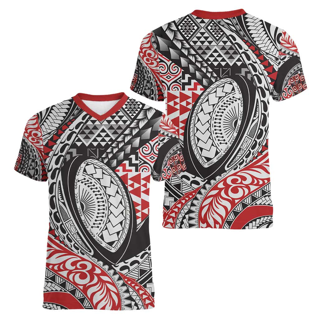 Aotearoa Maori Rugby Tribal Tattoo Women V-Neck T-Shirt Kowhaiwhai Taniko Patchwork Motifs
