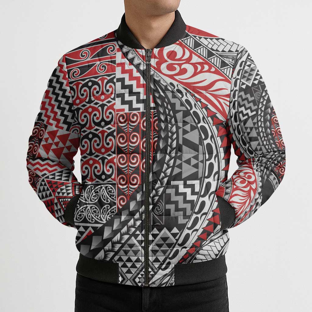 Aotearoa Maori Tribal Tattoo Bomber Puffer Jacket Kowhaiwhai Taniko Patchwork Motifs - Polynesian Pride
