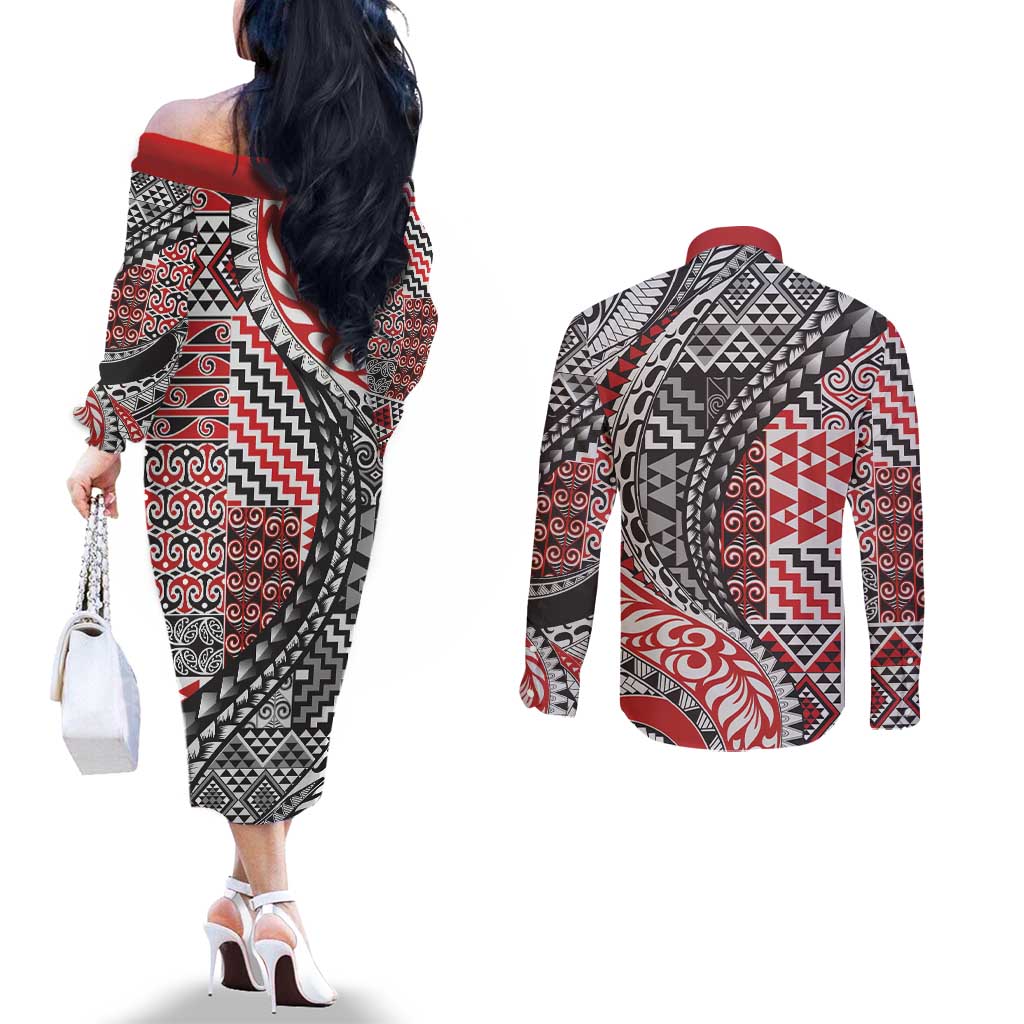 Aotearoa Maori Tribal Tattoo Couples Matching Off The Shoulder Long Sleeve Dress and Long Sleeve Button Shirt Kowhaiwhai Taniko Patchwork Motifs