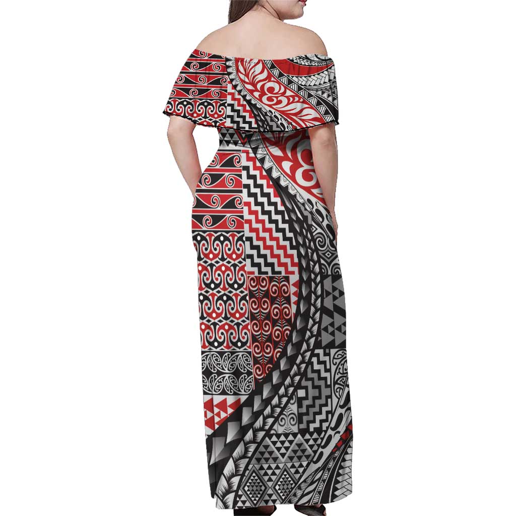 Aotearoa Maori Tribal Tattoo Family Matching Off Shoulder Maxi Dress and Hawaiian Shirt Kowhaiwhai Taniko Patchwork Motifs