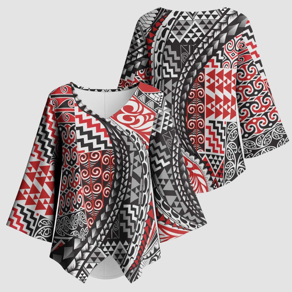 Aotearoa Maori Tribal Tattoo Kimono Sleeve Blouse Kowhaiwhai Taniko Patchwork Motifs - Polynesian Pride