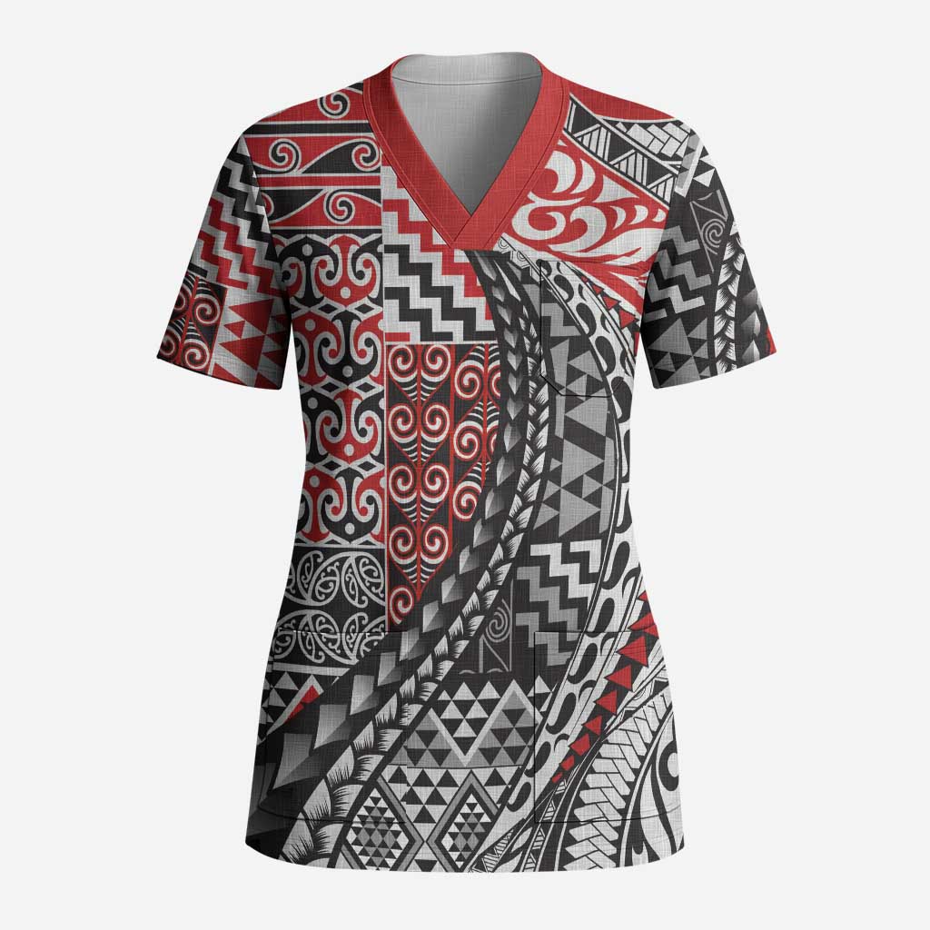 Aotearoa Maori Tribal Tattoo Scrub Top Kowhaiwhai Taniko Patchwork Motifs - Polynesian Pride
