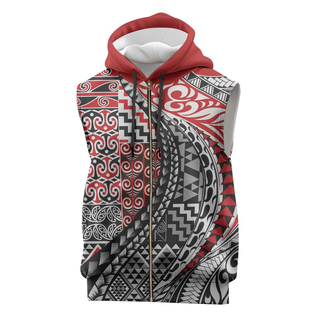 Aotearoa Maori Tribal Tattoo Sleeveless Zip Hoodie Kowhaiwhai Taniko Patchwork Motifs - Polynesian Pride
