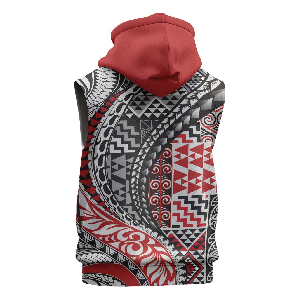 Aotearoa Maori Tribal Tattoo Sleeveless Zip Hoodie Kowhaiwhai Taniko Patchwork Motifs LT9
