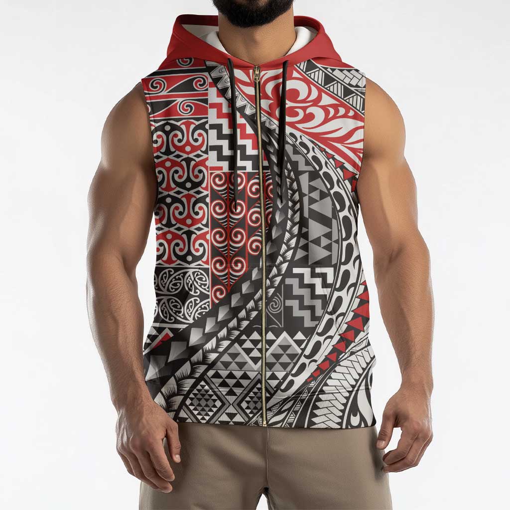 Aotearoa Maori Tribal Tattoo Sleeveless Zip Hoodie Kowhaiwhai Taniko Patchwork Motifs - Polynesian Pride