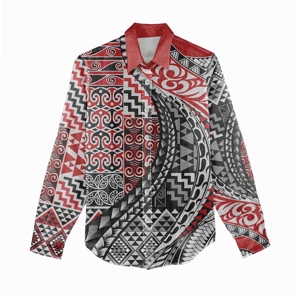 Aotearoa Maori Tribal Tattoo Women Casual Shirt Kowhaiwhai Taniko Patchwork Motifs