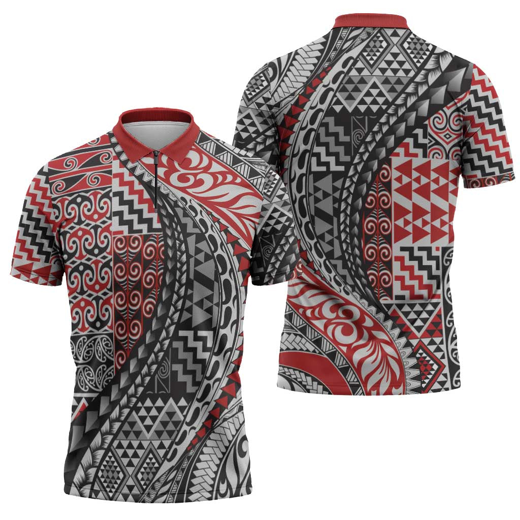 Aotearoa Maori Tribal Tattoo Zipper Polo Shirt Kowhaiwhai Taniko Patchwork Motifs - Polynesian Pride
