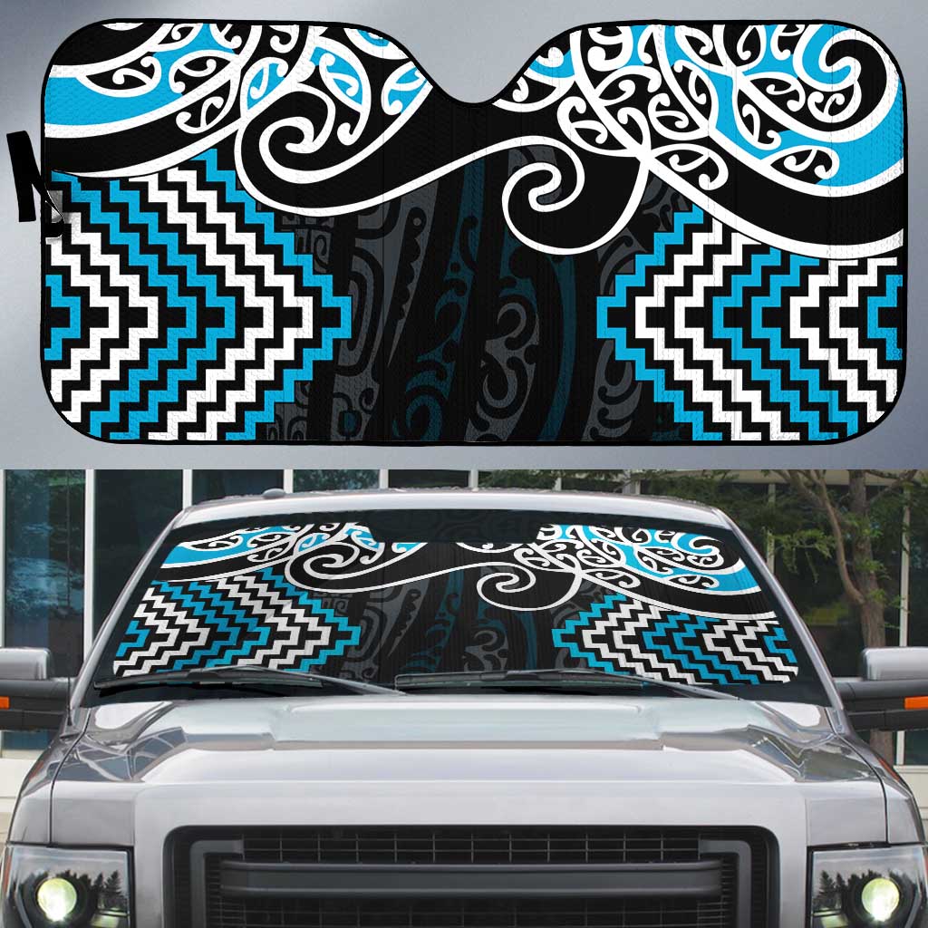 Blue Aotearoa Tukutuku Manawa Tapu Auto Sun Shade Ta Moko Toi Maori - Polynesian Pride