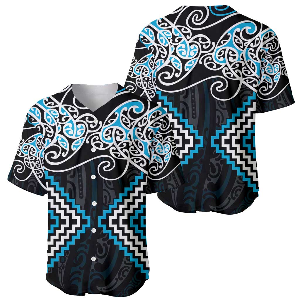 Blue Aotearoa Tukutuku Manawa Tapu Baseball Jersey Ta Moko Toi Maori