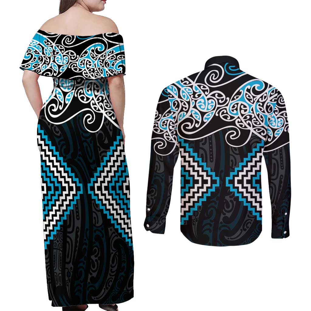 Blue Aotearoa Tukutuku Manawa Tapu Couples Matching Off Shoulder Maxi Dress and Long Sleeve Button Shirt Ta Moko Toi Maori