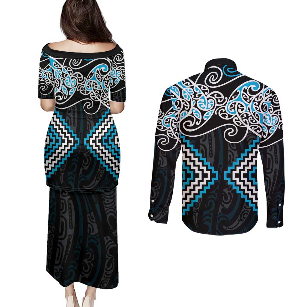 Blue Aotearoa Tukutuku Manawa Tapu Couples Matching Puletasi and Long Sleeve Button Shirt Ta Moko Toi Maori