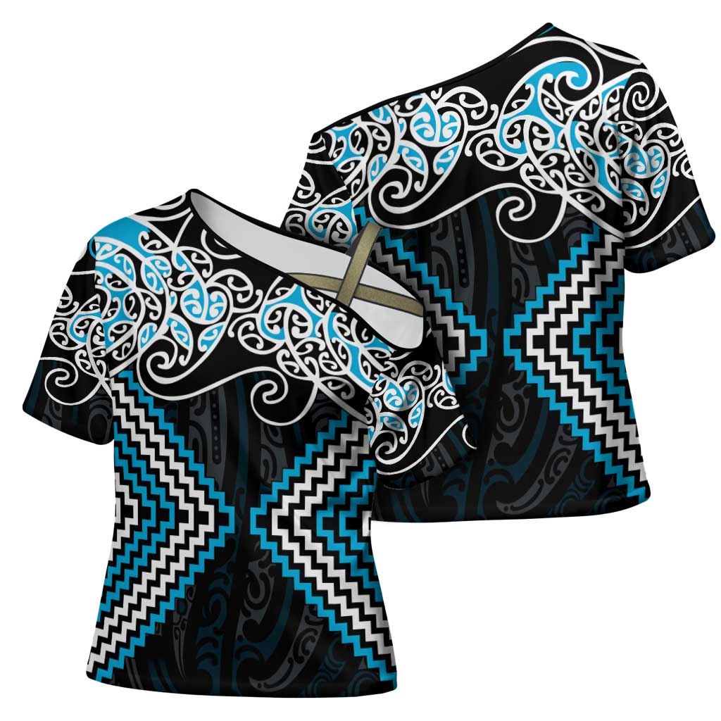 Blue Aotearoa Tukutuku Manawa Tapu Cross Shoulder Shirt Ta Moko Toi Maori - Polynesian Pride