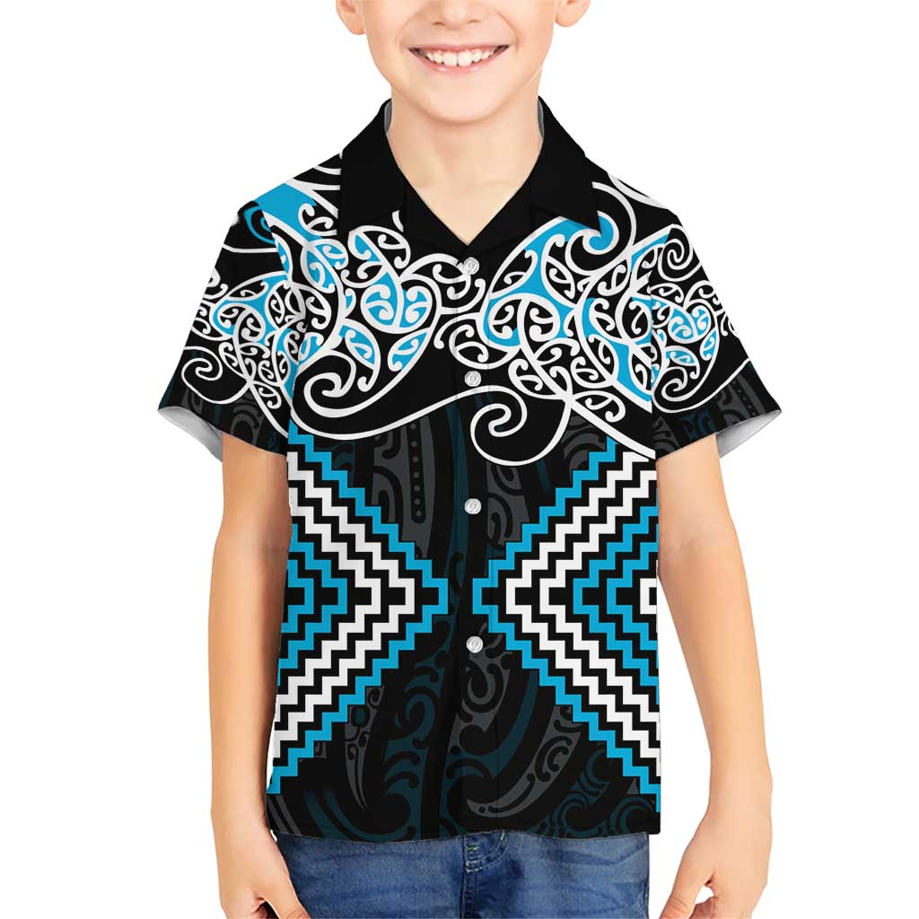 Blue Aotearoa Tukutuku Manawa Tapu Family Matching Short Sleeve Bodycon Dress and Hawaiian Shirt Ta Moko Toi Maori