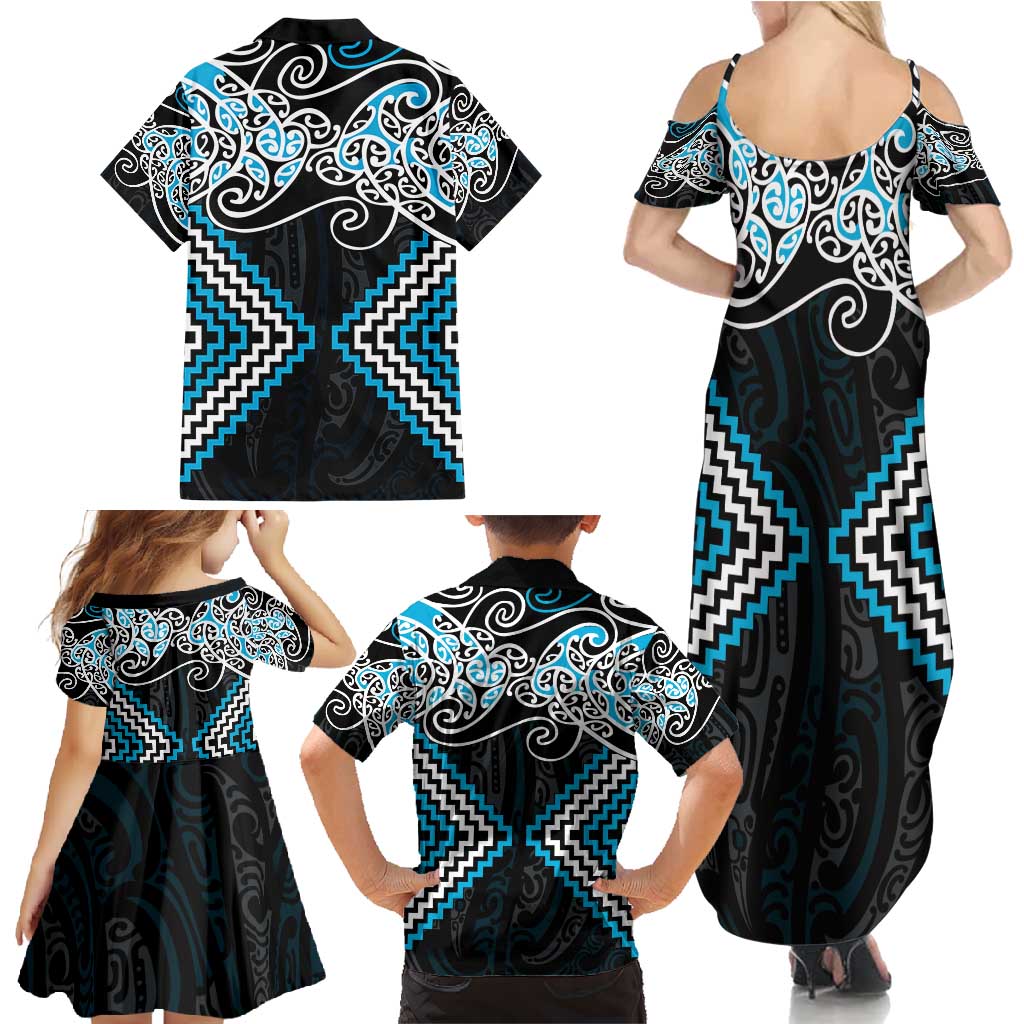 Blue Aotearoa Tukutuku Manawa Tapu Family Matching Summer Maxi Dress and Hawaiian Shirt Ta Moko Toi Maori