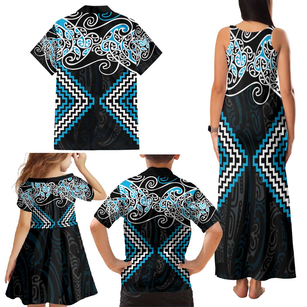 Blue Aotearoa Tukutuku Manawa Tapu Family Matching Tank Maxi Dress and Hawaiian Shirt Ta Moko Toi Maori