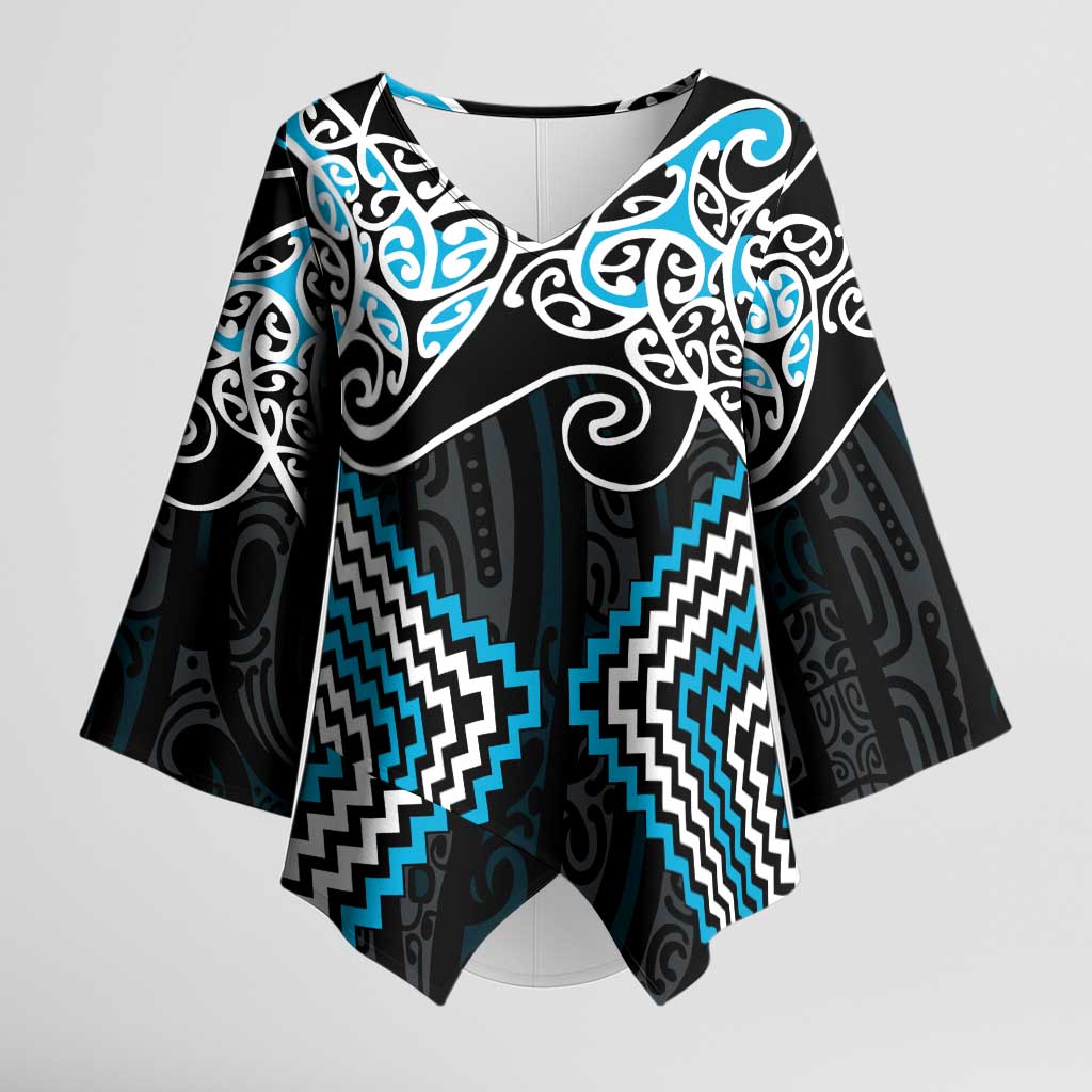 Blue Aotearoa Tukutuku Manawa Tapu Kimono Sleeve Blouse Ta Moko Toi Maori - Polynesian Pride